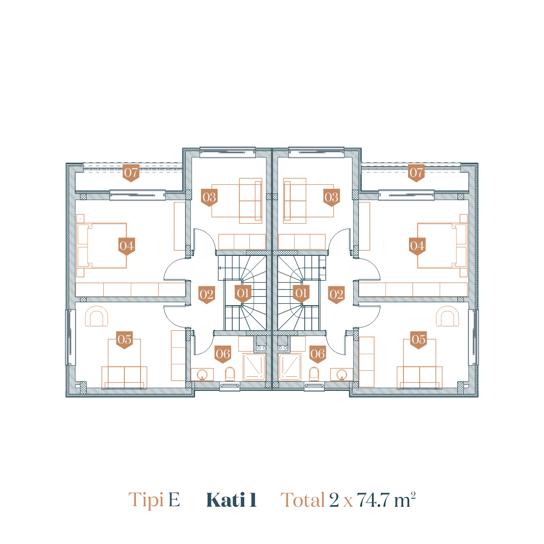 Tipi E - Kati 1 - Total 2 x 74.7 m2